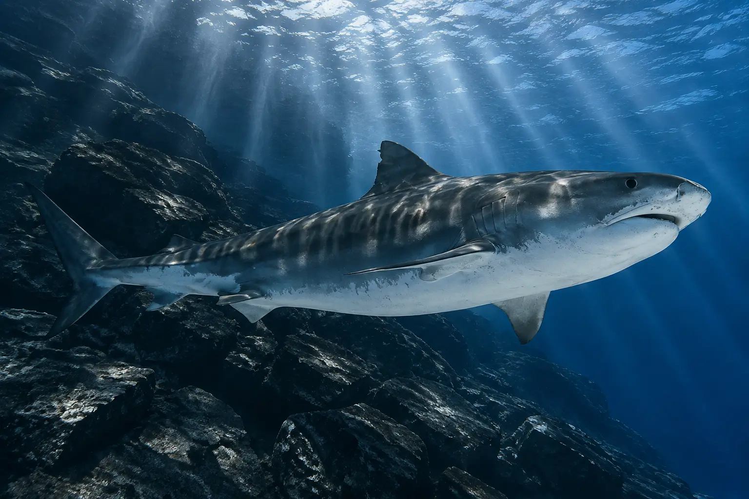 Shark camouflaged from the sun rays by the reef